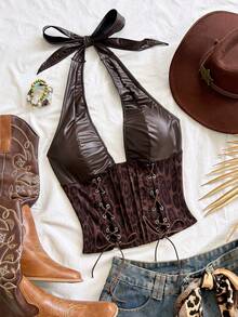 Soleia Western Cowboy Style Leopard Print Faux Leather Top - Coffee Brown - View 1
