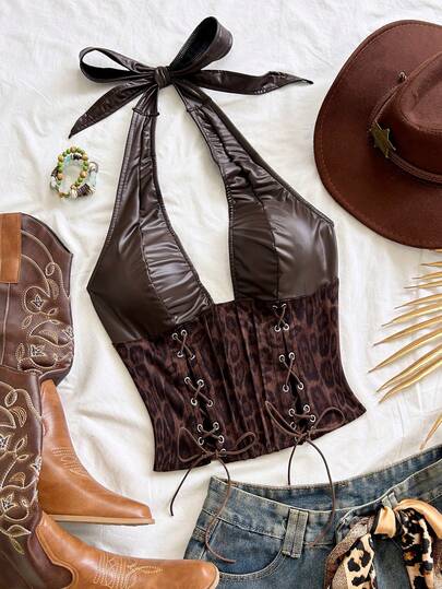 Soleia Western Cowboy Style Leopard Print Faux Leather Top