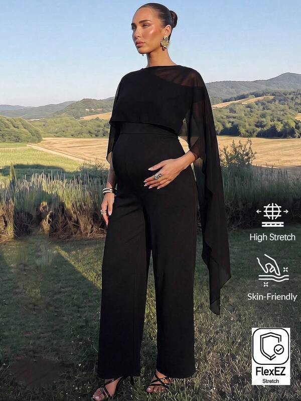 MaterniChic Jumpsuit Hamil Warna Polos Desain Asimetris Kaki Lebar Elegan untuk Pesta Pernikahan Tamu Acara Malam Mewah