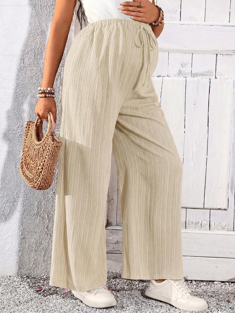 SHEIN بنطلون طويل فضفاض بساق واسعة وربطة خصر بلون موحد للحوامل لفصل الخريف - لون مشمشي - مشاهدة 5