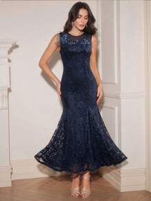 Anewsta Summer Holiday Romantic Lace Splice Mesh Collar Delicate Floral Decor Fishtail Hem Party Elegant Dress For Women - Navy Blue - View 1