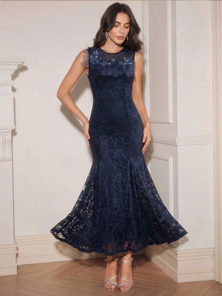 Anewsta Summer Holiday Romantic Lace Splice Mesh Collar Delicate Floral Decor Fishtail Hem Party Elegant Dress For Women - Navy Blue - View 1