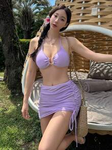 DAZY 女款純色極簡風泳衣套裝，適合日常穿著，分體式比基尼泳衣，度假郵輪海灘穿搭 - 紫色 - 查看 2