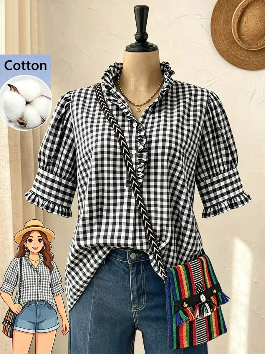 Linhara Plus Size Women's Summer Ruffle Trim Green Gingham Vacation Casual Style Blouses ,Green Gingham Top Plaid Top Fall - Black - View 1