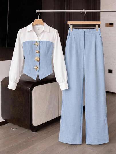Girlism Tween Girl Tween Girl Shirt Co-Ords Early Autumn Casual Cool Girl White Aqua Blue Colorblock Patchwork 2In1,Suitable For Everyday Fashion Back-To-School