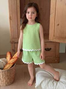 Elladie kids 女童紋理布料拼色下擺無袖上衣與休閒短褲2件套服裝組，女童綠色夏季套裝 - 綠色 - 查看 2