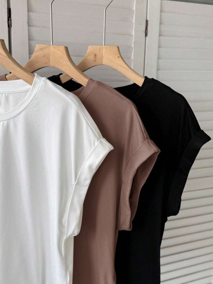 SHEIN LUNE Women's Casual Solid Color All-Match Short Sleeve T-Shirt 3-Piece Set - Fashionable Versatile Tops, Suitable For Daily Casual, Streetwear, Airport Travel And Various Activities; Includes Cropped Top, Classic Solid Color Design, Simple And Comfortable - Mocha Brown - View 5