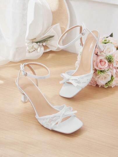 CUCCOO HITCHD White Lace Bow Square Toe High Heel Sandals Women, Stiletto Buckle With Summer Fairy Wedding Shoes