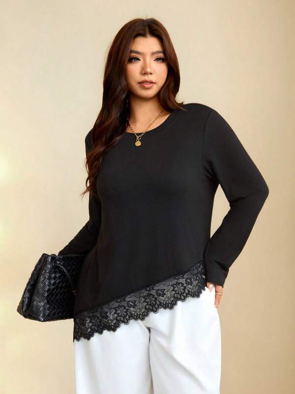 Edennvi Plus Size Women's Best-Selling Elegant Round Neck Long Sleeve Lace Patchwork Design T-Shirt, Slimming Minimalist Fit, Suitable For Daily Wear, Commuting, Dating And Gatherings
