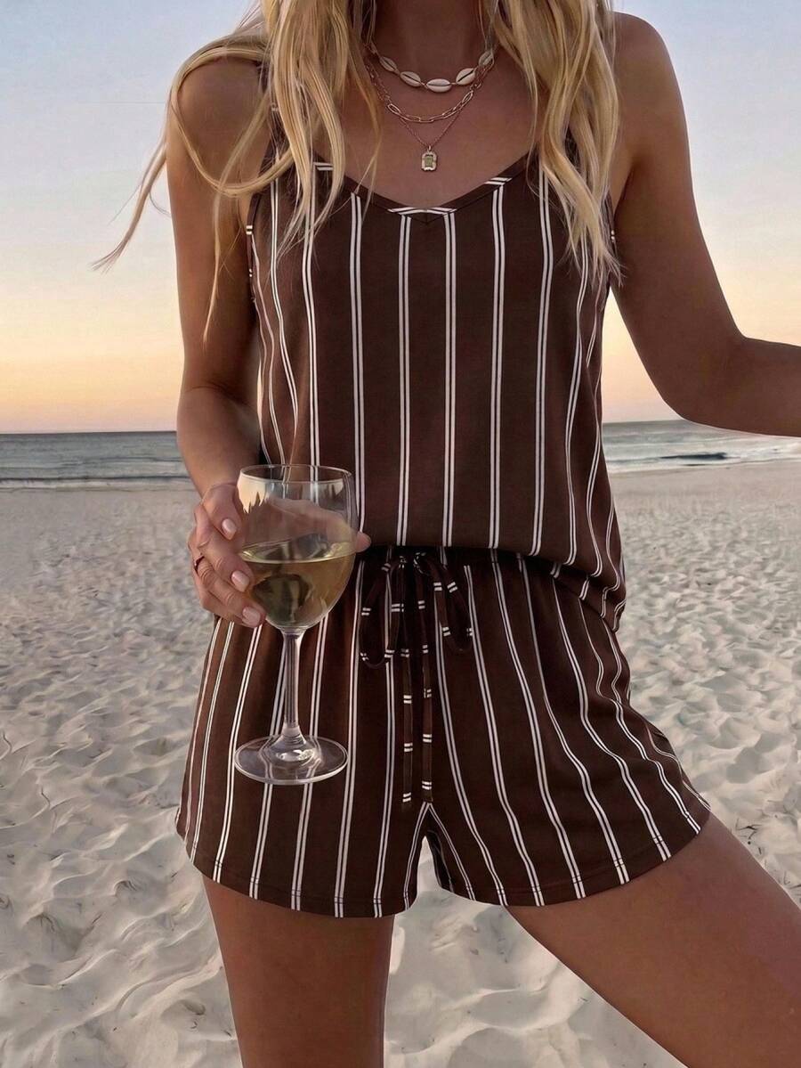 SHEIN LUNE Casual Tropical Minimalist Women's Brown Striped Camisole And Shorts 2 Pieces Set, Suitable For Summer Beach Vacation - Multicolor - View 1