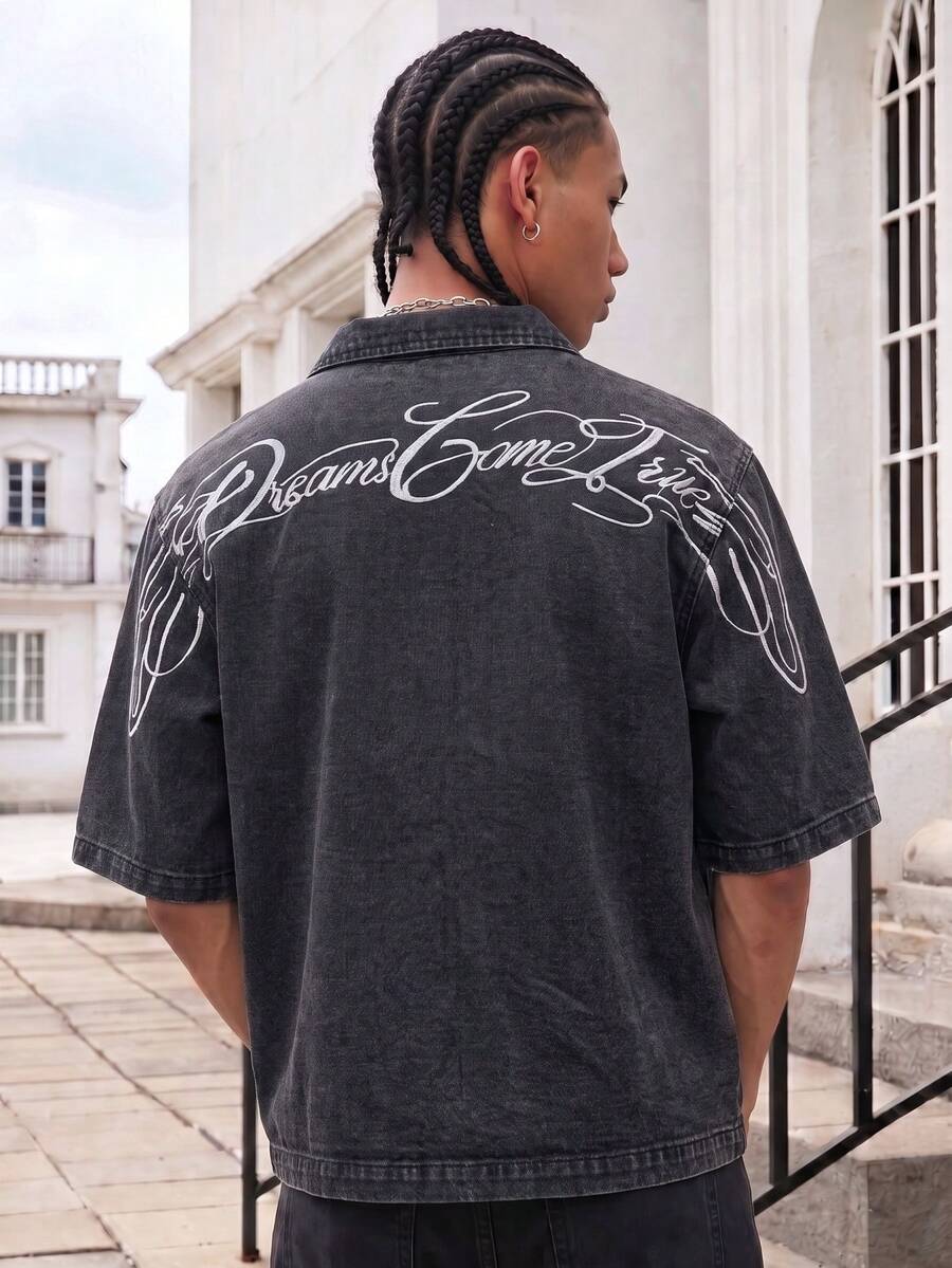 GALLERY FADE 男士街頭風休閒刺繡黑色牛仔短袖襯衫 - 黑色 - 查看 1