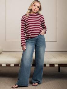 Ximena Robles Ximena Robles Women's Casual Everyday Commute Fashion Street Contrast Stripe Print Loose Fit Drop Shoulder Long Sleeve T-Shirt, Spring/Autumn Long Sleeve Top Stripe Top Casual Striped Top Striped Long Sleeve - Burgundy - View 6