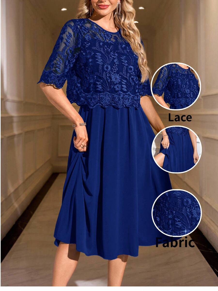 SHEIN Clasi Women's Round Neck Short Sleeve Lace Elegant Dress - Royal Blue - View 1