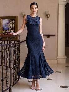 Anewsta Summer Holiday Romantic Lace Splice Mesh Collar Delicate Floral Decor Fishtail Hem Party Elegant Dress For Women - Navy Blue - View 5