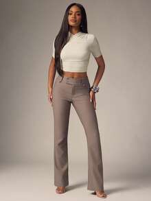 Denimoi Fashion Trouser Pants Boot Cut Trousers Brunch Date Night Dinner GNO Office Wear, Chic Business - Khaki - View 5
