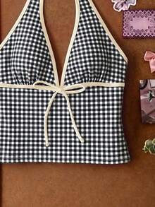 Elavelle Women's Spring/Summer Random Print Spaghetti Strap Bow Tank Bikini Top - Multicolor - View 6