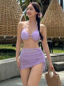 DAZY 女款純色極簡風泳衣套裝，適合日常穿著，分體式比基尼泳衣，度假郵輪海灘穿搭 - 紫色 - 查看 6