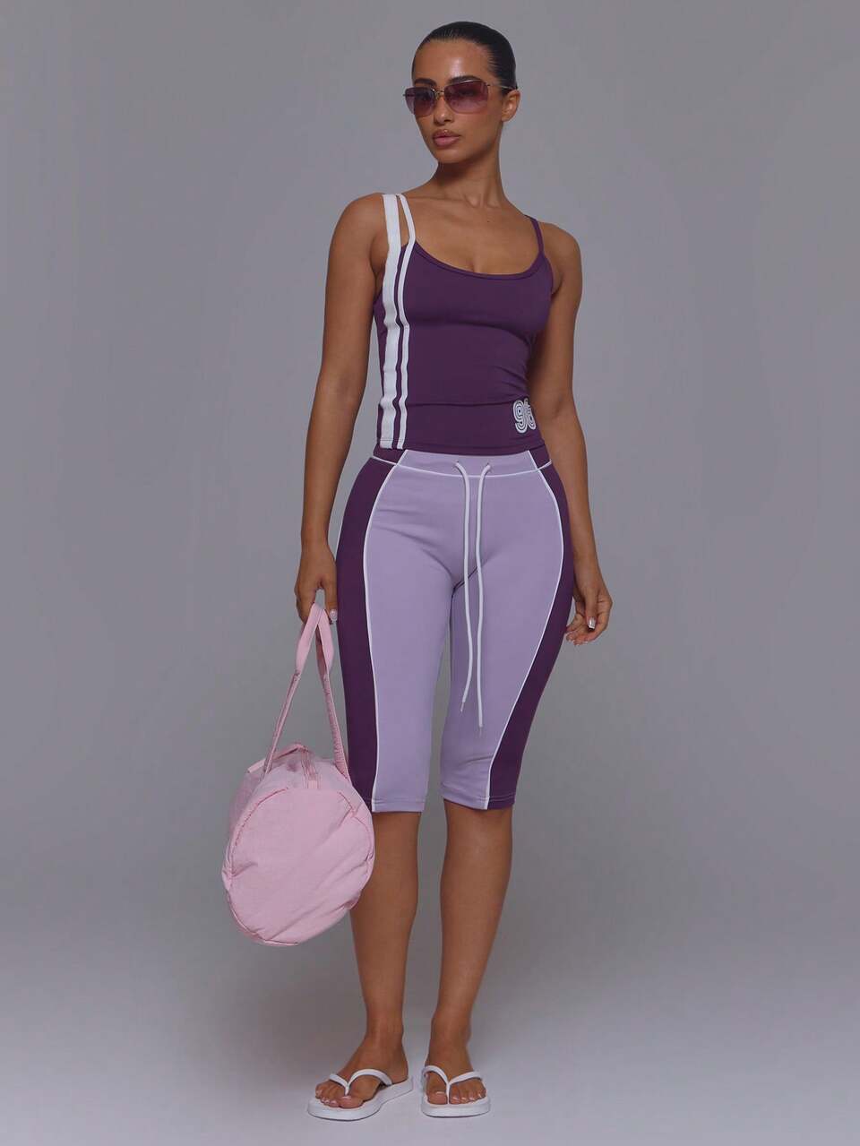 Active Purple Contrast Colour Side Stripe Scoop Neck 96 Printed Detail Fitted Cami Tank Top