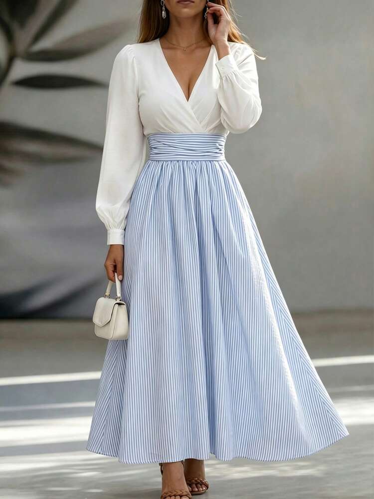 SHEIN LUNE CURVE Plus Size Luxury Design Striped A-Line Cinched Waist Dress, Summer Casual Outing, Office Work Commute Outfit - Blue and White - View 3