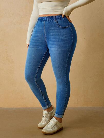 SHEIN ICON Celana Jeans Denim Slim Fit Kasual Ukuran Besar Serbaguna dengan Pinggang Elastis dan Saku