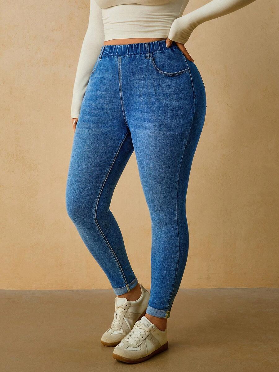 SHEIN ICON بنطلون جينز دنيم مقاس كبير كاجوال متعدد الاستخدامات بخصر مطاطي وجيوب بقصة ضيقة - الأزرق - مشاهدة 1