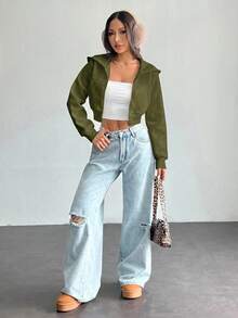 SHEIN PETITE 女款純色前拉鍊長袖口袋上衣 - 軍綠色 - 查看 4