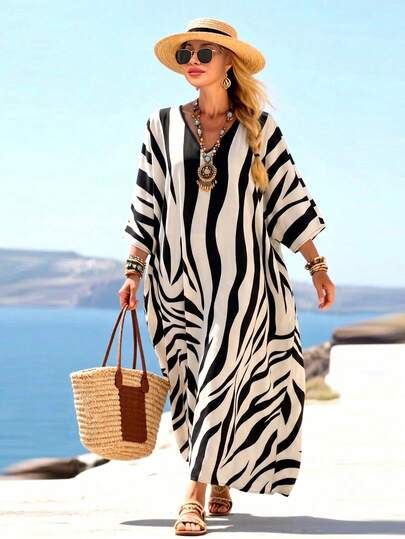 Breezaya Summer Fashion Plus Size Women's Zebra Print V-Neck Satin Robe, Loose Draped Flattering Casual Boho Vacation Long Robe Dress Beach Vacation Black