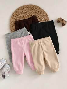 Celana Panjang Bayi Baru Lahir Musim Gugur/Dingin Lucu Serbaguna Kasual Warna Polos Pinggang Elastis 5pcs/Pack Netral - Baby Pink - View 2