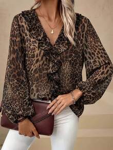 Chikora Plus Size Elegant Commuter Leopard Print Ruffle Blouse Fall - Brown - View 8