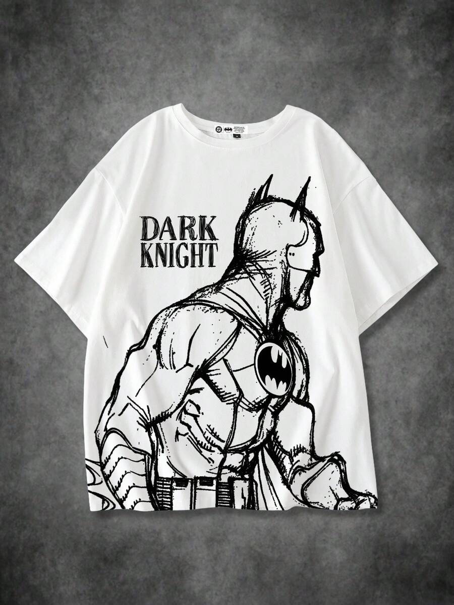 BATMAN X SHEIN Men's Casual Letter & Figure Graphic Round Neck Short Sleeve T-Shirt, Summer - White - View 1