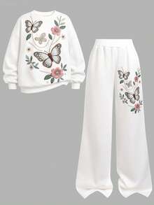 SHEIN Tween Girl 花卉 T-shirt 波西米亞野花上衣 植物圖案衛衣與長褲 2 件套 - 白色 - 查看 9