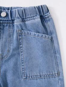 SHEIN Vintaside Kids 女童淺藍色水洗口袋設計寬腿寬鬆牛仔褲，適合返校、休閒、度假穿著，柔軟棉質面料，舒適度假感，日常穿搭必備 - 淺色水洗藍 - 查看 8