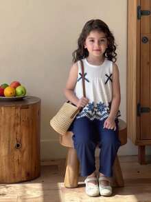 SHEIN Elladie kids 女童法式鄉村風3D刺繡布料蝴蝶結裝飾無袖背心上衣與寬鬆直筒長褲套裝，春夏活潑休閒穿搭 - 藍色 - 查看 6