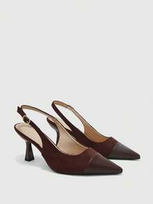 CUCCOO BIZCHIC Women Slingback Heels Mixed Material Design Pointed Toe Elegant Office Shoes - Brown - View 7