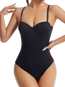 SHAPORA Women Fashionable And Elegant Cup Detail Black Bodysuit - Black - View 2