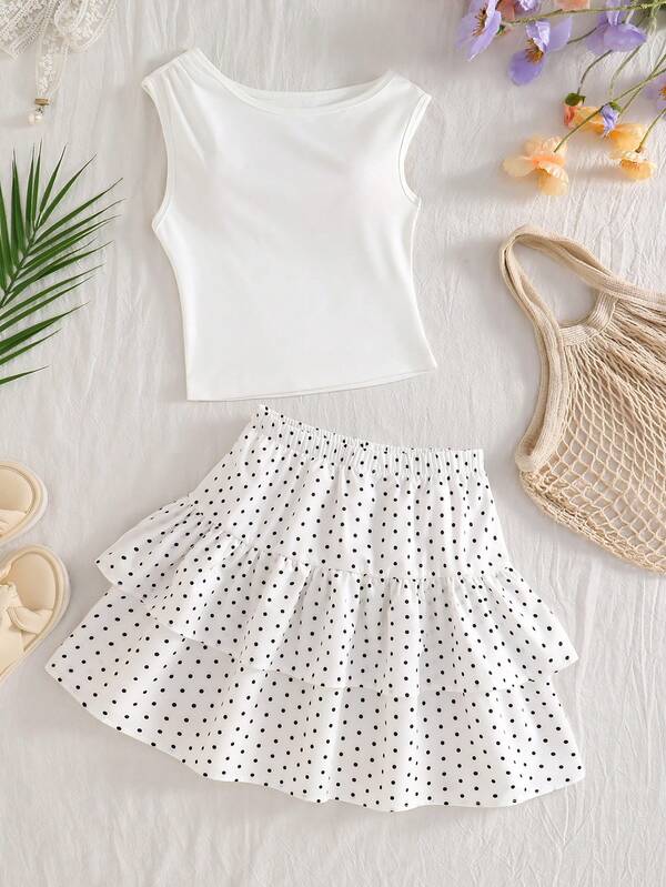 SHEIN Sparklyn Girls White Round Neck Tank Top + Polka Dot Skirt Set, Suitable For Beach Vacation, Daily Commute, Park Stroll, Short Trip, Back To School