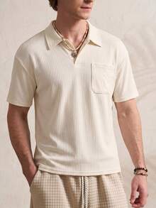 TONEVAULT Men's Casual Cute Solid Color Short Sleeve Polo Shirt For Daily Wear Vacation Beige Summer - Apricot - View 2