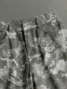 Vyqestra Streetwear Loose Washed Little Angel Ribbon Print 5-Inch Denim Shorts - Multicolor - View 2