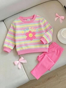 SHEIN 女嬰針織條紋花卉圖案圓領長袖保暖內裡套頭運動衫與彈性腰貼身內搭褲2件套 - 彩色 - 查看 4