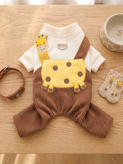 PETSIN 1pc Pet Four Legged Overalls, Cat And Dog Universal Clothes, Cute Embroidered Cartoon Giraffe Jumpsuit, Suitable For Home Leisure And Outdoor Strolling