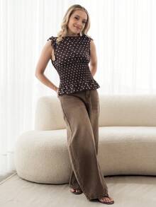 Ximena Robles Ximena Robles Women's Elegant Polka Dot Shoulder Tie Bow Waist Drawstring Sleeveless Top, Flattering Casual Everyday Wear Summer - Coffee Brown - View 5