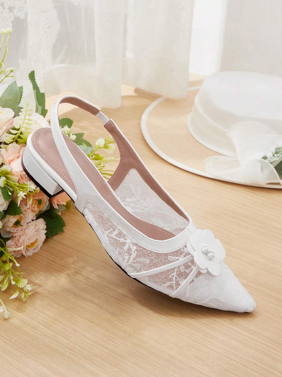 CUCCOO HITCHD Cute Party Commute Casual Elegant Women's Mesh Material White Floral Low Heel Pumps