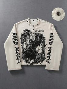 ROMWE MEN Kaos Lengan Panjang Pria Motif Gothic Musim Semi/Panas - Putih - View 1