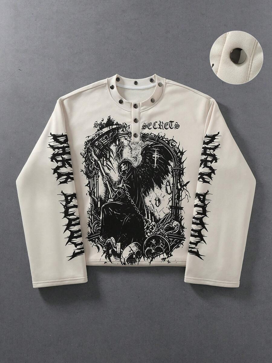 ROMWE MEN Kaos Lengan Panjang Pria Motif Gothic Musim Semi/Panas - Putih - View 1
