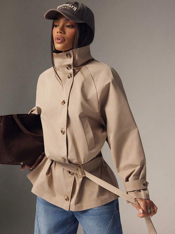 Denimoi Women's Khaki Belted Trench Coat, Casual Loose Fit Stand Collar Button Short Jacket, Spring/Autumn Outerwear