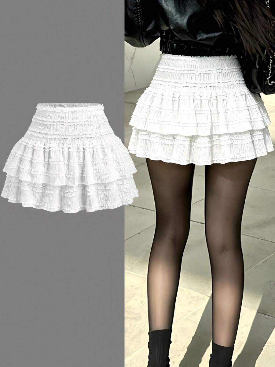 Evasive Skirt With Ruffles In Layers For Women, Textured Fabric With Lace, High Elastic Waist With Stylizer Cut New Collection 2026 - White - View 1