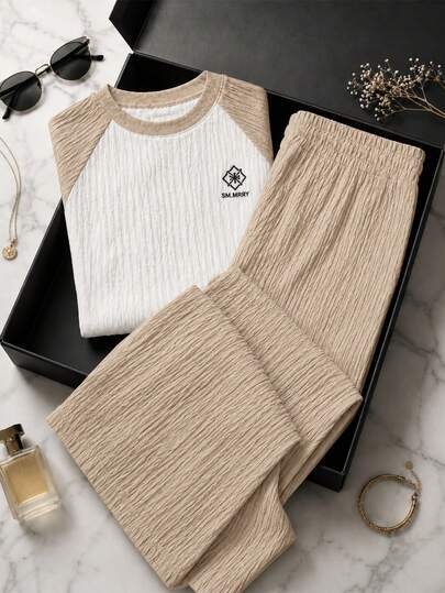 Conjunto casual de 2 piezas para mujer. Camiseta de manga corta, cuello redondo. Pantalón de pierna recta. Ajuste de cintura natural con resorte ligero. Sin bolsillos. Muy cómodo y fresco.