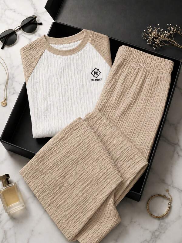 Conjunto casual de 2 piezas para mujer. Camiseta de manga corta, cuello redondo. Pantalón de pierna recta. Ajuste de cintura natural con resorte ligero. Sin bolsillos. Muy cómodo y fresco.