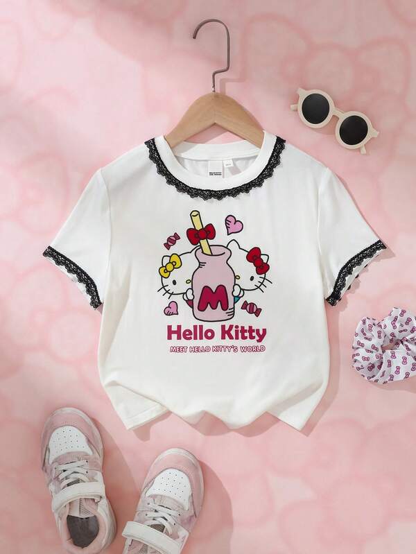 HELLO KITTY AND FRIENDS | SHEIN Kaos Lengan Pendek Kasual Sehari-hari Motif Kartun dengan Hiasan Renda untuk Anak Perempuan Remaja