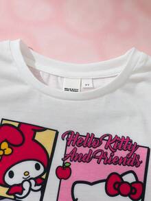 HELLO KITTY AND FRIENDS | SHEIN 女童趣味卡通印花圓領短袖T恤搭配條紋對比色短褲 2件套 - 白色 - 查看 3
